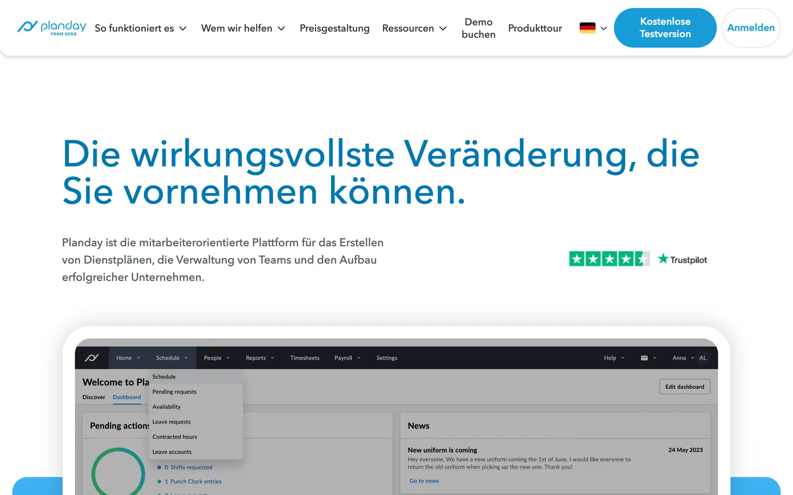 Screenshot der Startseite von planday.com, aufgenommen im August 2026