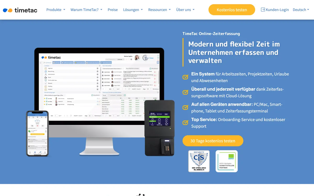 Screenshot der Startseite von timetac.com, aufgenommen im August 2026